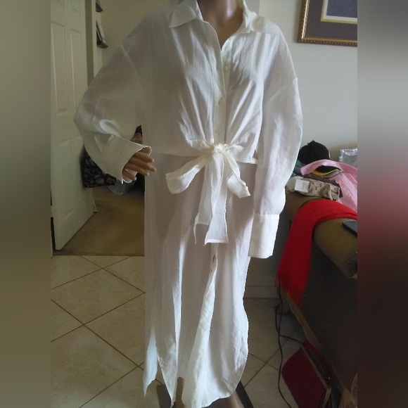 BNWT ZARA WHITE MAXI DRESS SZ. MED UNIQUE DRESS W/ BELT HIGH SLITS BEAUTY - Picture 12 of 14